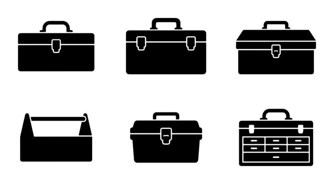 Black Toolbox Icons Set, Tool Chest Vector Graphics, Storage Container Collection