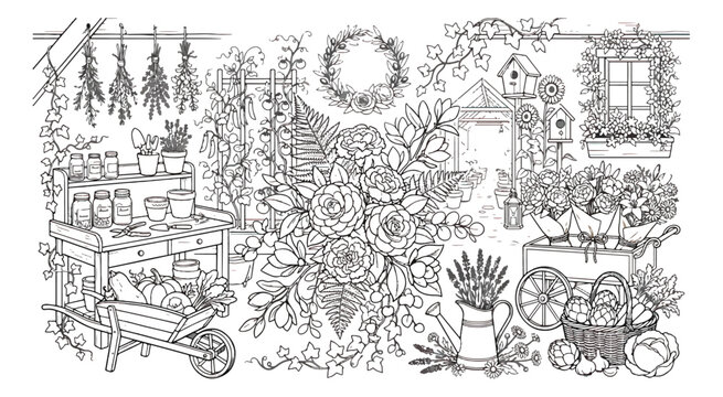 Vintage garden shed coloring page vector, rustic florist workshop with flower bouquets and gardening tools, botanical line art illustration for adults