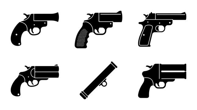 Six Silhouette Revolver and Flare Gun Icons, Black Vector Set for Security and Military Concepts