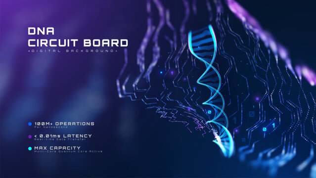 Abstract DNA helix shape on a neon circuit board background with glowing blue binary code. Future digital tech concept showing a smart genetics network.
