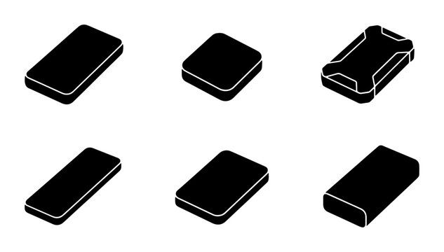 Six Black Rectangular and Square Shapes, Isometric Vector Icons, Simple Geometric Objects