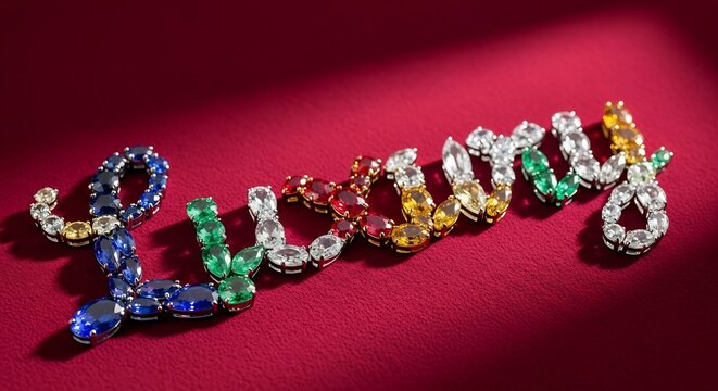Luxury Word Formed by Colorful Gemstones on a Red Background.