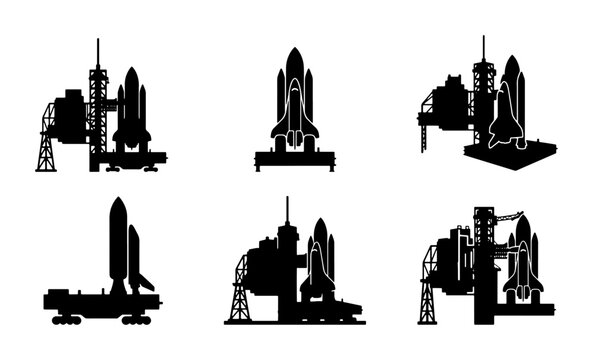 Space Shuttle Launch Pad Silhouettes, Rocket Assembly Buildings, Spacecraft Launch Complex Icons, Futuristic Transportation Vector Set