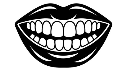 A striking black and white vector graphic features a broad, radiant smile showcasing perfectly aligned teeth and stylized glossy lips, perfectly capturing a timeless expression of pure, boundless joy © Skyframe