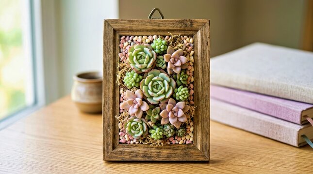 Rustic Wooden Frame Succulent Arrangement Indoor Garden Decor on Wooden Table for Home Interior Design