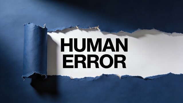 Bold black text reading human error revealed behind a torn piece of dark blue paper in this professional conceptual photograph for modern corporate business communication themes