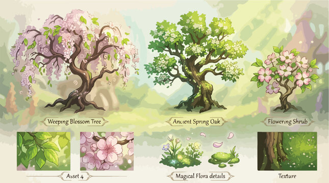 Fantasy game asset collection, weeping blossom tree and ancient spring oak vector, flowering shrub and magical flora details for environment design