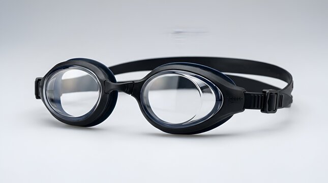 Close-up of black swimming goggles with clear lenses on a light gray background