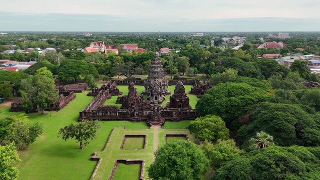 Drone footage aerial view of Phimai Historical Park. the ancient stone temple structures from the Khmer empire. Nakhon Ratchasima, Thailand