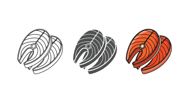 Salmon steak slices set vector illustration - Line and glyph solid icon and logo template - Clipart, sticker - icon set