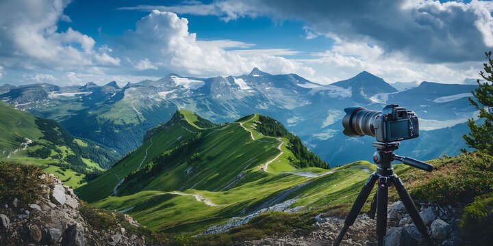 Professional camera on tripod overlooking majestic alpine mountain landscape under dramatic cloudy blue sky scenery