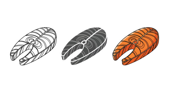 Salmon fish steak slices vector set - Editable line icons. Vector illustration - Glyph and solid icon set - Icon vector