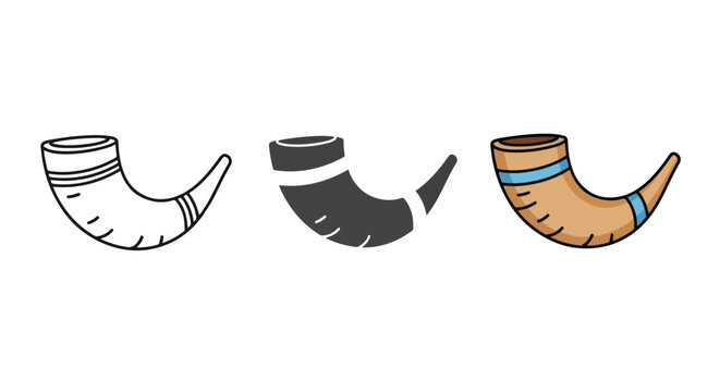 Three styles of shofar horn vector icon - logo icons vector set. Blue, Black and white icons