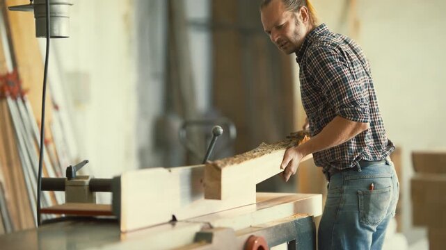 Carpenter planing wooden plank in workshop