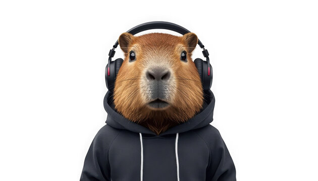Capybara wearing headphones and hoodie looking straight