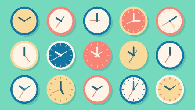 Flat vector illustration set of various clocks and alarm clocks