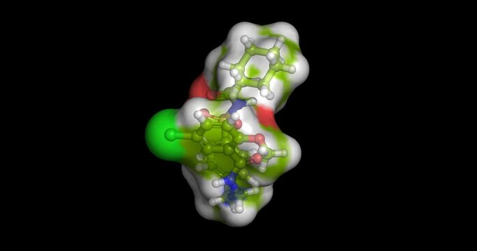 K
Glyburide, drug/sulfonylurea and KATP channel blocker for type 2 diabetes and obesity, 3D molecule spinning, 4K