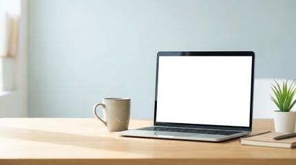 Fototapeta premium Modern laptop with blank screen on wooden desk
