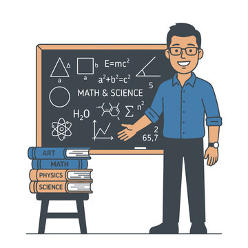 A teacher standing beside a chalkboard explaining math and science to students in classroom