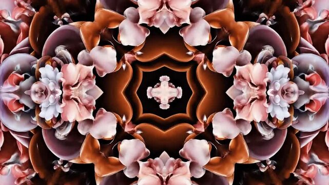Symmetrical abstract kaleidoscope pattern with soft pink and white floral petals arranged in a cross shape over a dark textured wood grain background with natural wood finish.