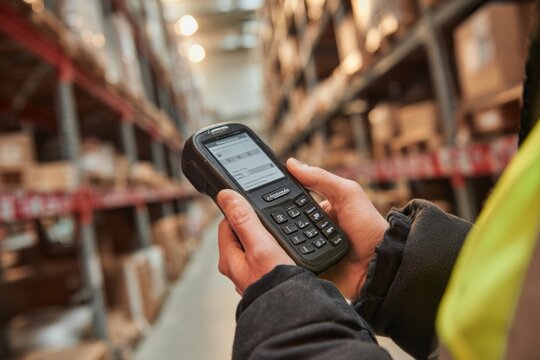 Warehouse worker using handheld barcode scanner for inventory counting