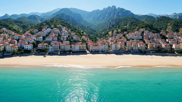Aerial view of a beautiful coastal town with sandy beach and blue sea in front of large green mountains 4K video