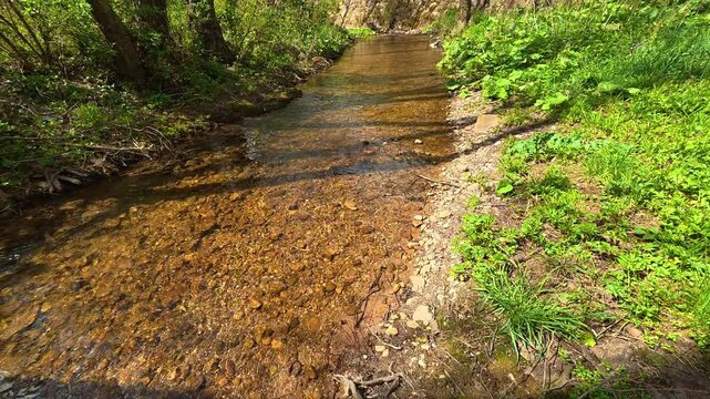 Clear stream flows over smooth stones. Bigar Waterfall, Stara Planina. (Balkan Mountains), Serbia.