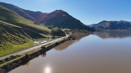Fototapeta premium Scenic Aerial View of Lake Forsyth and Coastal Road in New Zealand