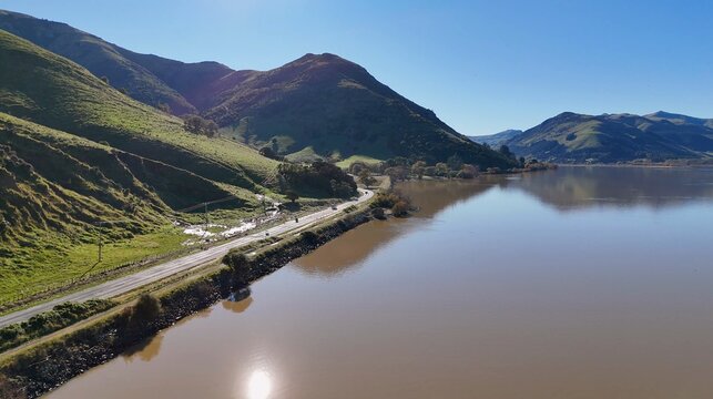 Scenic Aerial View of Lake Forsyth and Coastal Road in New Zealand