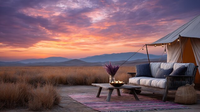 Luxury glamping tent in desert at sunset