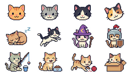 Fototapeta premium Pixel art collection of twelve cute cat character icons in various poses, including a wizard, knight, fishing cat, and kitten in a box, isolated on a white background.