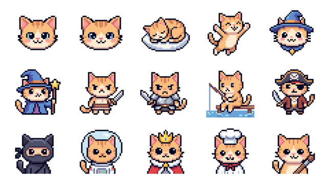 Set of 15 pixel art orange tabby cat icons featuring various costumes including a wizard, knight, pirate, ninja, astronaut, king, chef, and artist, isolated on white background.