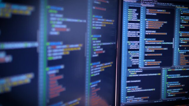 Close up computer monitors displaying fictional programming code and software development interface, technology workspace concept