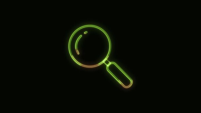 Magnifying Glass Icon Neon Seamless Loop 4K Black Background Animated Promotional Typography for Video Editing