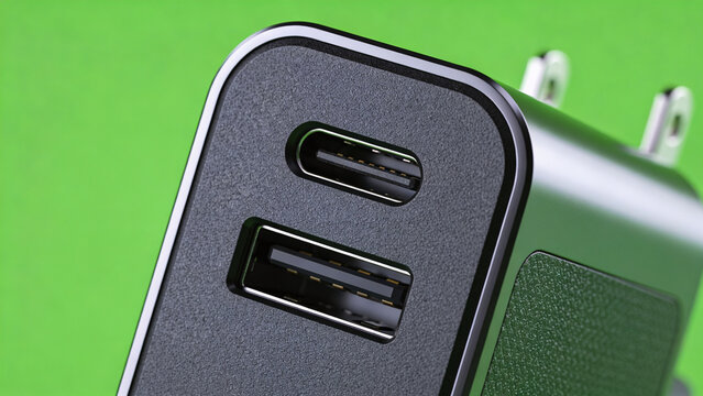 Close-up of a modern USB-C and USB-A power adapter with dual ports on a green background.