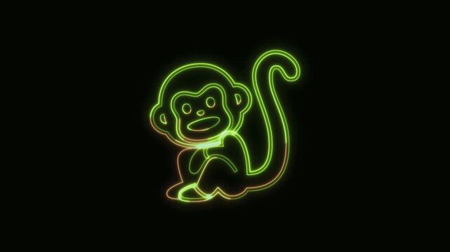 Monkey Icon Neon Seamless Loop 4K Black Background Animated Promotional Typography for Video Editing