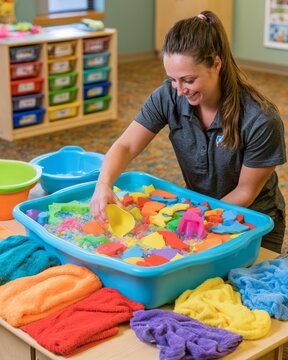 Preschool Teacher Setting Up Sensory Table with Colorful Foam Shapes and Water Beads