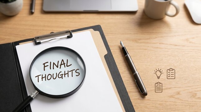 &ldquo;FINAL THOUGHTS&rdquo; written on clip board on office desk, minimal lightbulb, conclusion and reflection business concept