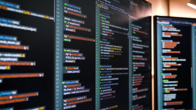 Close up computer monitors displaying fictional programming code and software development interface, technology workspace concept