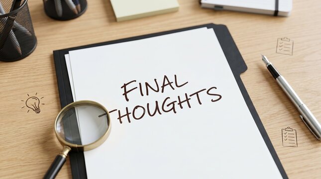 &ldquo;FINAL THOUGHTS&rdquo; written on clip board on office desk, minimal lightbulb, conclusion and reflection business concept