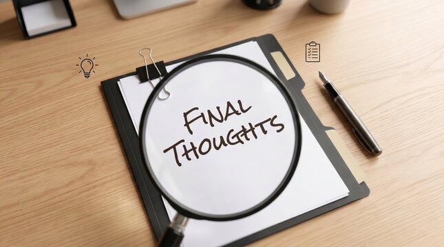 &ldquo;FINAL THOUGHTS&rdquo; written on clip board on office desk, minimal lightbulb, conclusion and reflection business concept