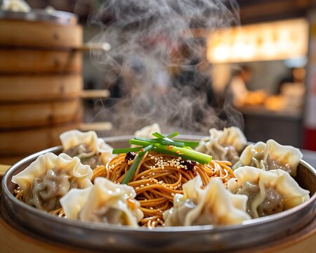 Steaming hot zhu sheng yun tun mian with wontons in a bamboo steamer