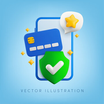 Vector cartoon 3d secure mobile payment banner. 3d render credit card with green shield and checkmark, speech bubble on smartphone screen. Online payment protection concept. Safe banking app.