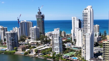 Aerial View of Gold Coast Skyscrapers and Blue Ocean in Broadbeach Waters © blueringmedia