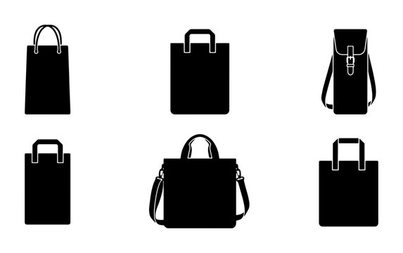 Black Shopping Bags Vector Icons, Retail Carrier Set, Grocery Tote Collection, Modern Purchase Bags