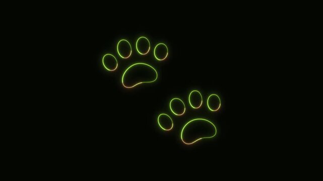 Paw Prints Icon Neon Seamless Loop 4K Black Background Animated Promotional Typography for Video Editing