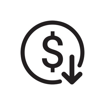 Black dollar sign with downward arrow icon representing decreasing cost or price drop
