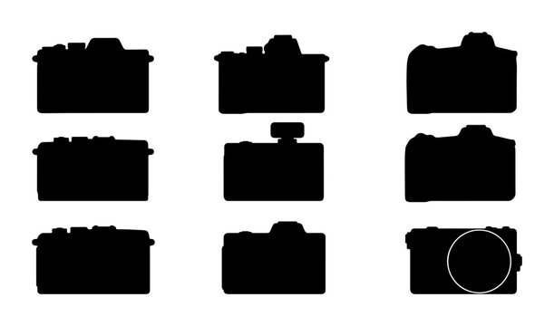 Camera Silhouettes Collection, Vintage and Modern Photography Icons, Retro DSLR and Mirrorless Camera Graphics