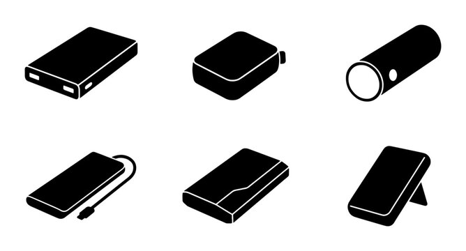 Portable Power Bank & Tech Gadget Icons, Black Vector Set for Digital Devices, Mobile Accessories