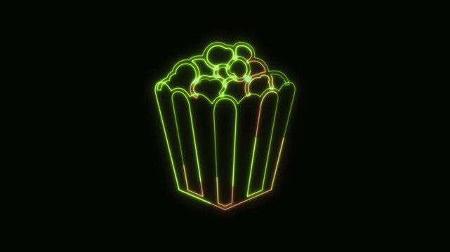 Popcorn Icon Neon Seamless Loop 4K Black Background Animated Promotional Typography for Video Editing